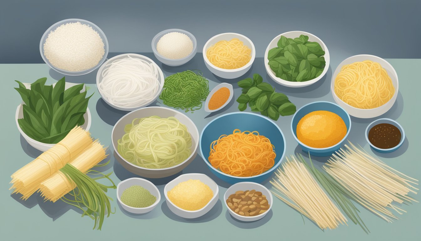 A variety of ingredients, including rice noodles, bean thread, and kelp noodles, are displayed on a kitchen counter