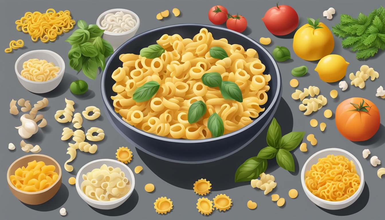 A bowl of cavatappi pasta surrounded by various alternative pasta shapes and ingredients