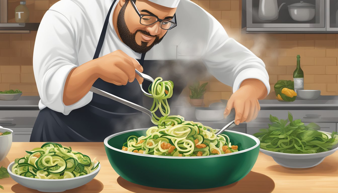 A chef swaps cavatappi for zucchini noodles in a sizzling stir-fry