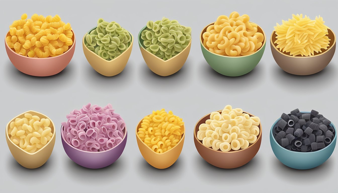 A variety of cavatappi pasta substitutes arranged in a row, showcasing their different shapes and textures