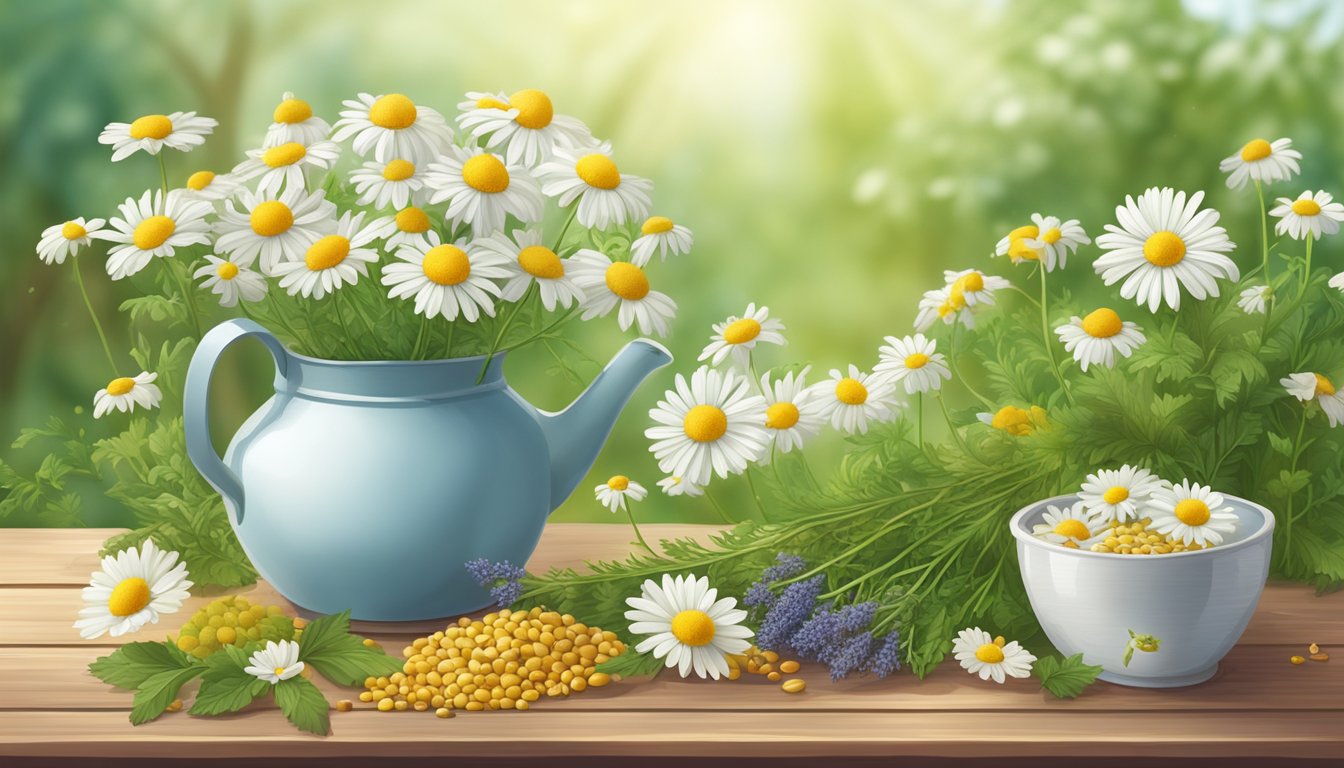 A serene garden scene with chamomile flowers and seeds scattered on a wooden table, surrounded by various herbs and plants