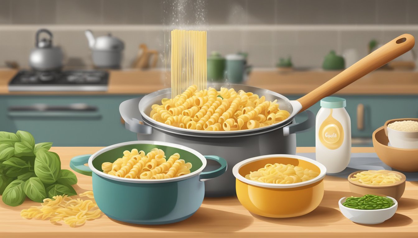 A pot of boiling water with cavatappi pasta substitutes and a wooden spoon stirring the pasta. A variety of alternative pasta options displayed on the kitchen counter