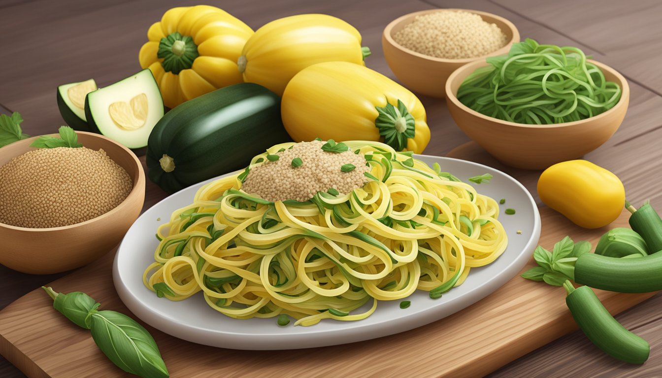 A colorful array of zucchini noodles, spaghetti squash, and quinoa pasta on a wooden cutting board