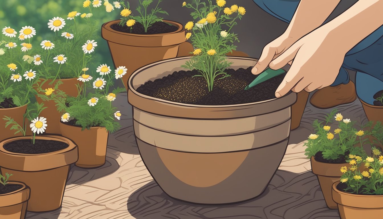 A person planting Beyond Cultivation chamomile seeds in a garden pot