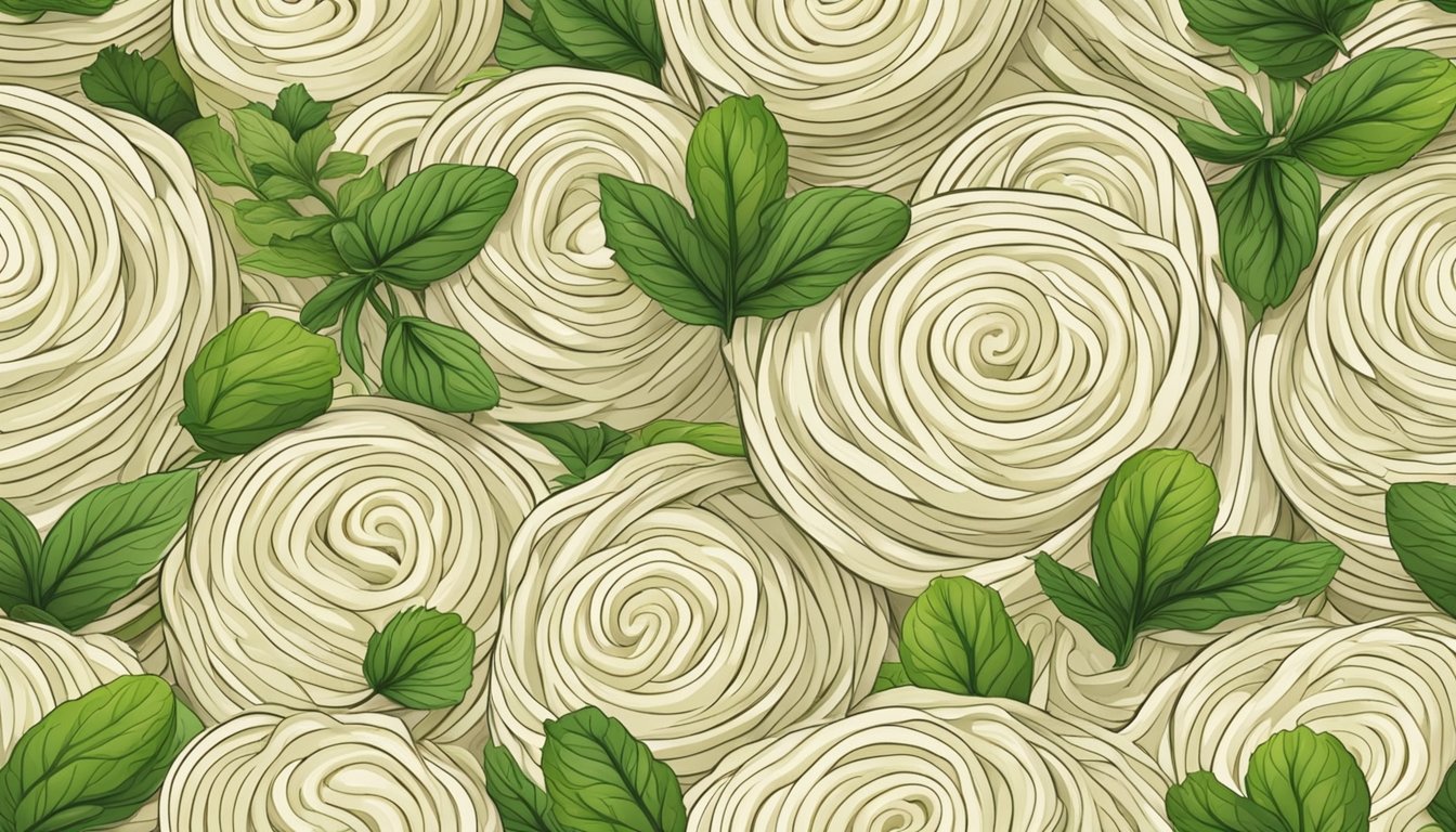 A pile of celeriac noodles arranged in a neat, spiral pattern, surrounded by whole celeriac roots and a scattering of fresh herbs