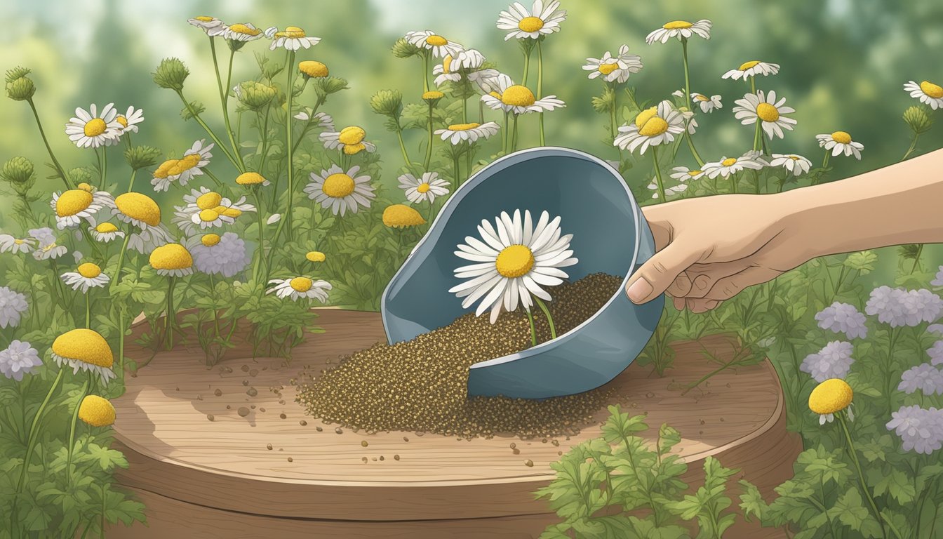 A packet of chamomile seeds being replaced with a different type of seed in a garden setting