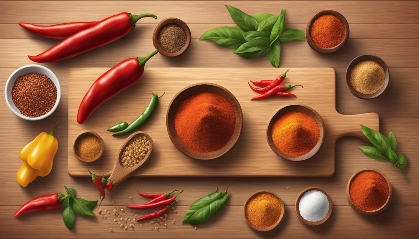 A vibrant red cayenne pepper surrounded by various alternative substitutes such as paprika, chili powder, and crushed red pepper flakes on a wooden cutting board