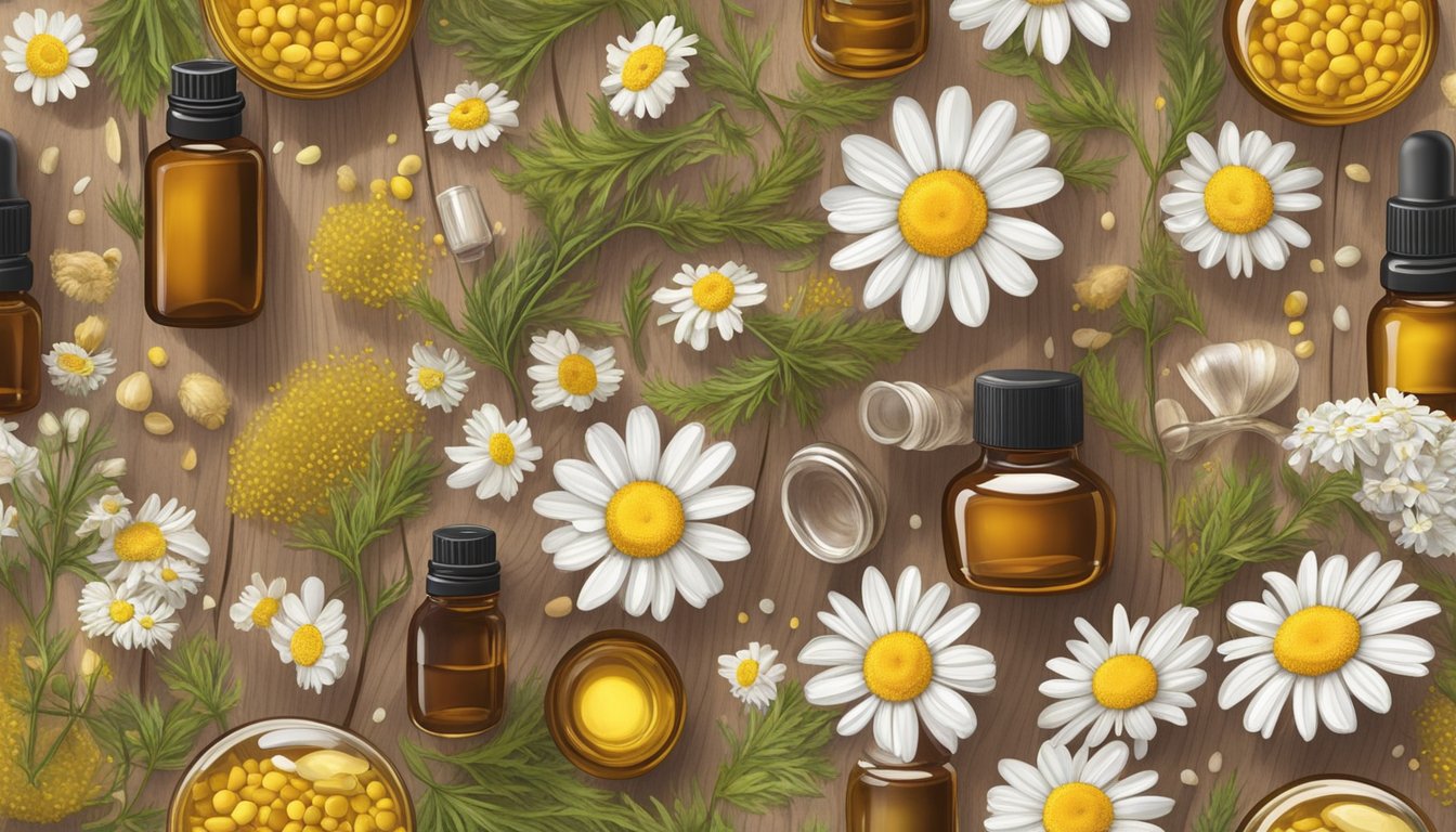 A small vial of chamomile seeds surrounded by various alternative essential oils in glass bottles on a wooden tabletop