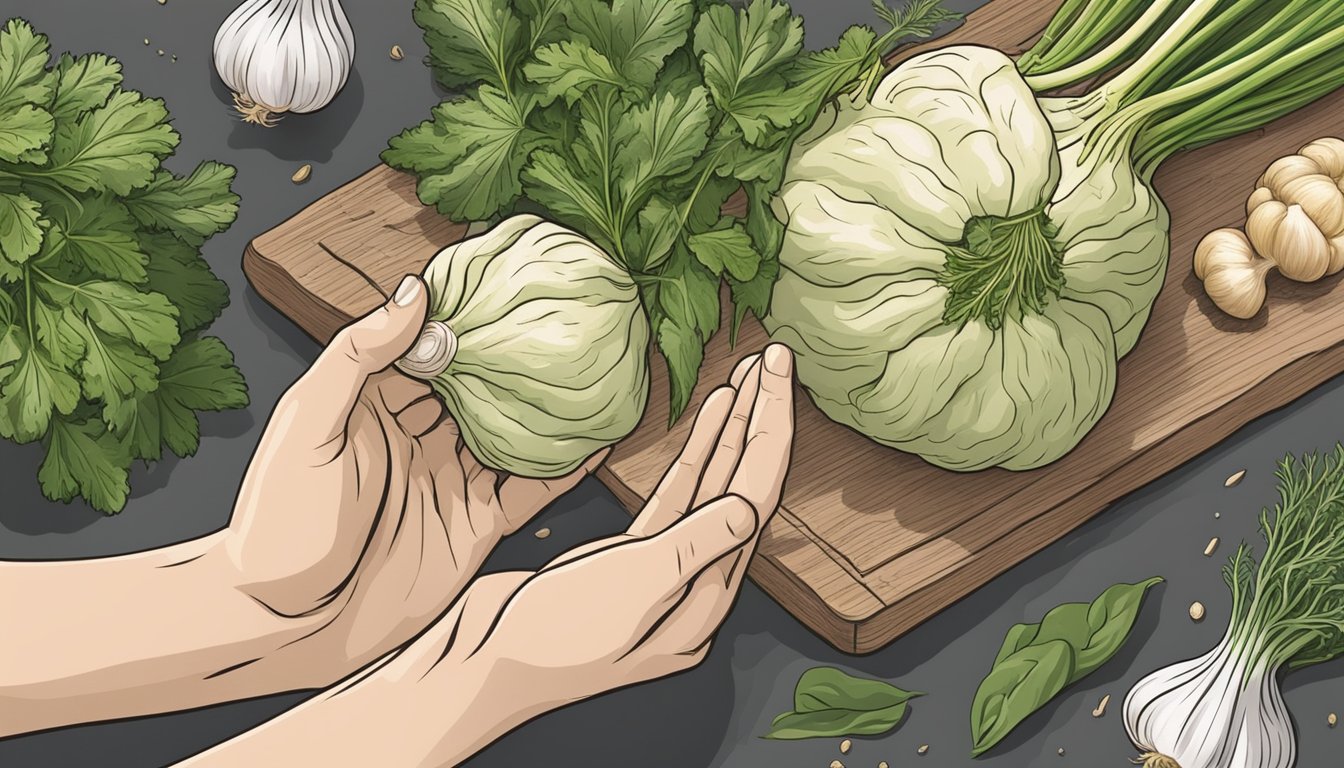 A hand reaching for a celeriac, garlic, and herbs to prepare noodle substitutes