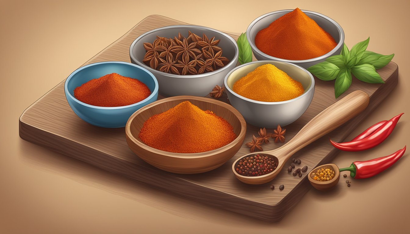 A variety of colorful and aromatic spices arranged on a wooden cutting board, including paprika, chili powder, and red pepper flakes