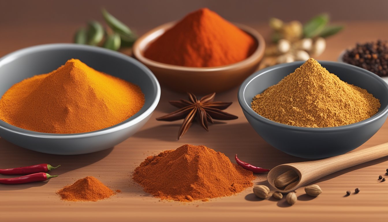 A small bowl of cayenne pepper powder sits next to various alternative spices such as paprika, chili powder, and red pepper flakes on a kitchen countertop