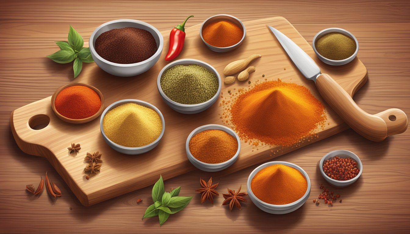 A variety of spices including paprika, chili powder, and red pepper flakes arranged on a wooden cutting board