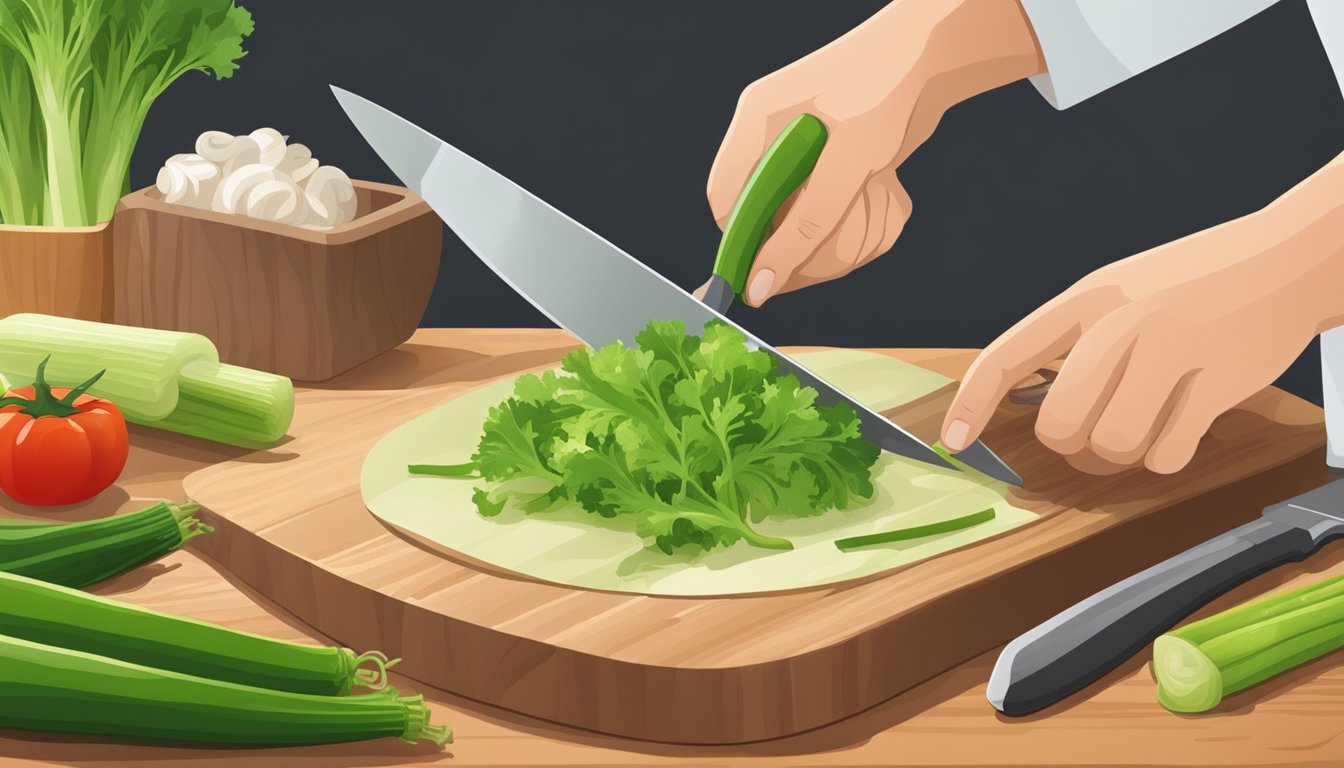 A chef chopping various vegetables, including celery, on a wooden cutting board with a sharp knife