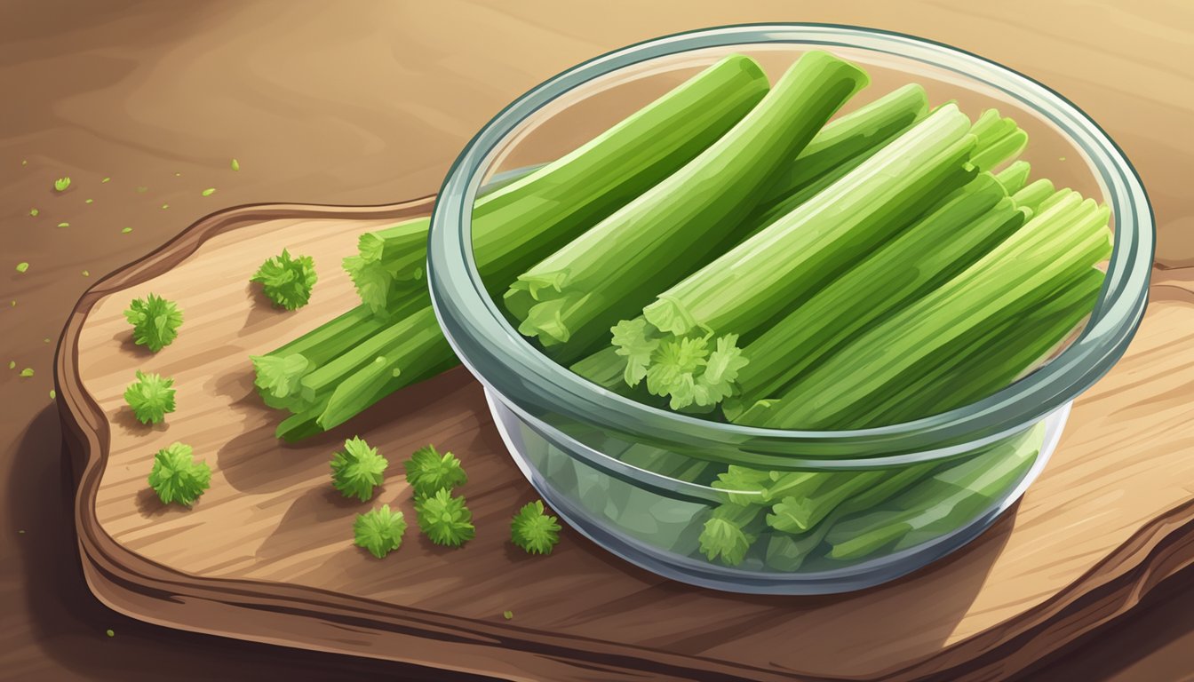 A small glass jar filled with celery salt and celery seeds sits on a wooden cutting board next to a bunch of fresh celery stalks