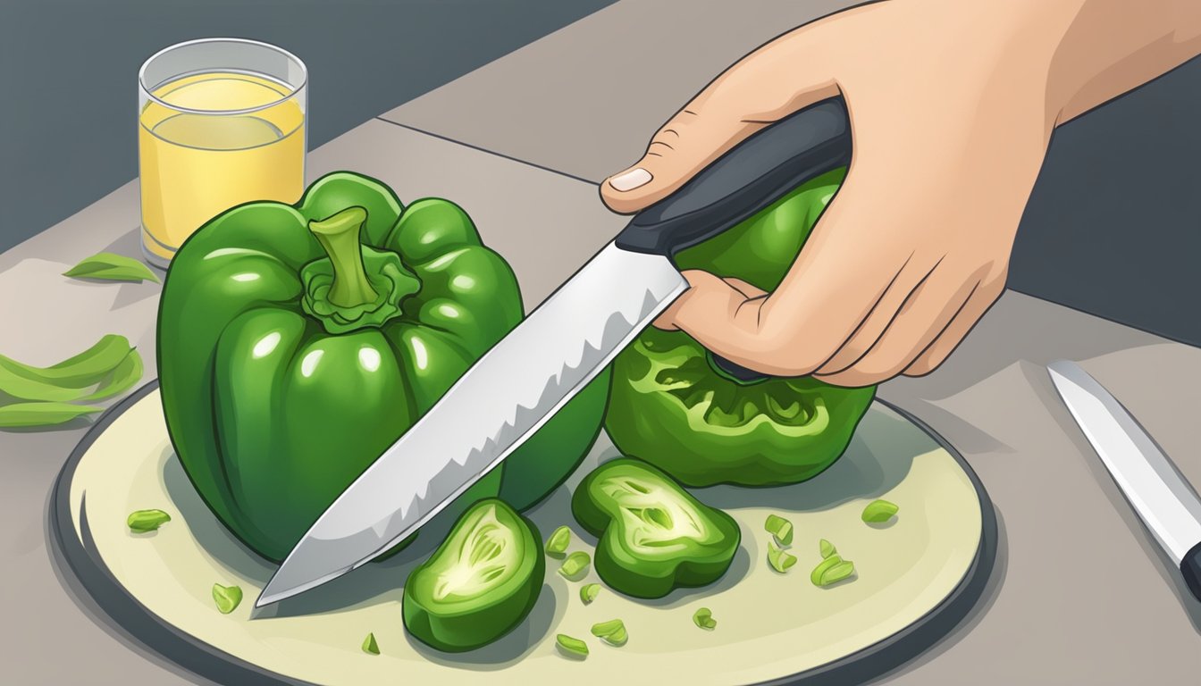 A person using a knife to slice a green bell pepper as a substitute for celery