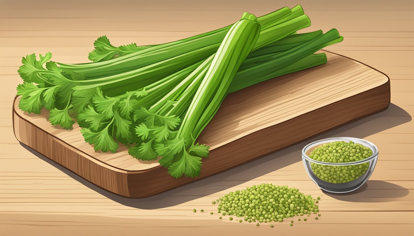 A pile of fresh celery and celery seeds scattered on a wooden cutting board