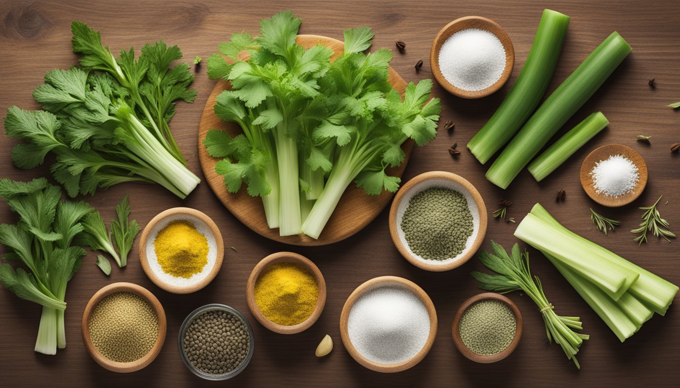 A variety of herbs and spices scattered on a wooden cutting board, including celery, celery salt, and potential celery seed substitutes