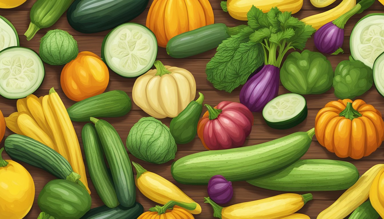 A colorful array of vegetables, including zucchini, yellow squash, and cucumbers, arranged on a wooden cutting board