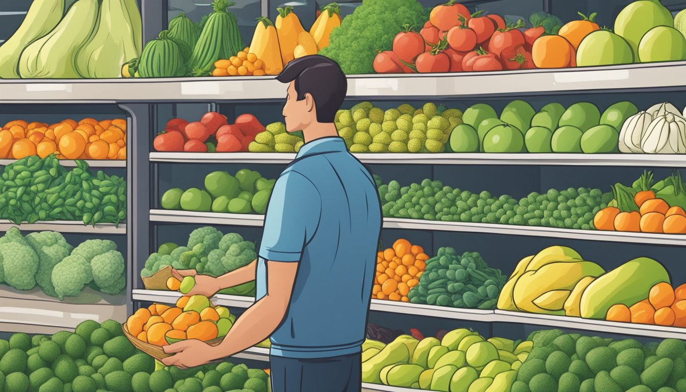 A person selecting chayote substitutes from a variety of fruits and vegetables at a grocery store