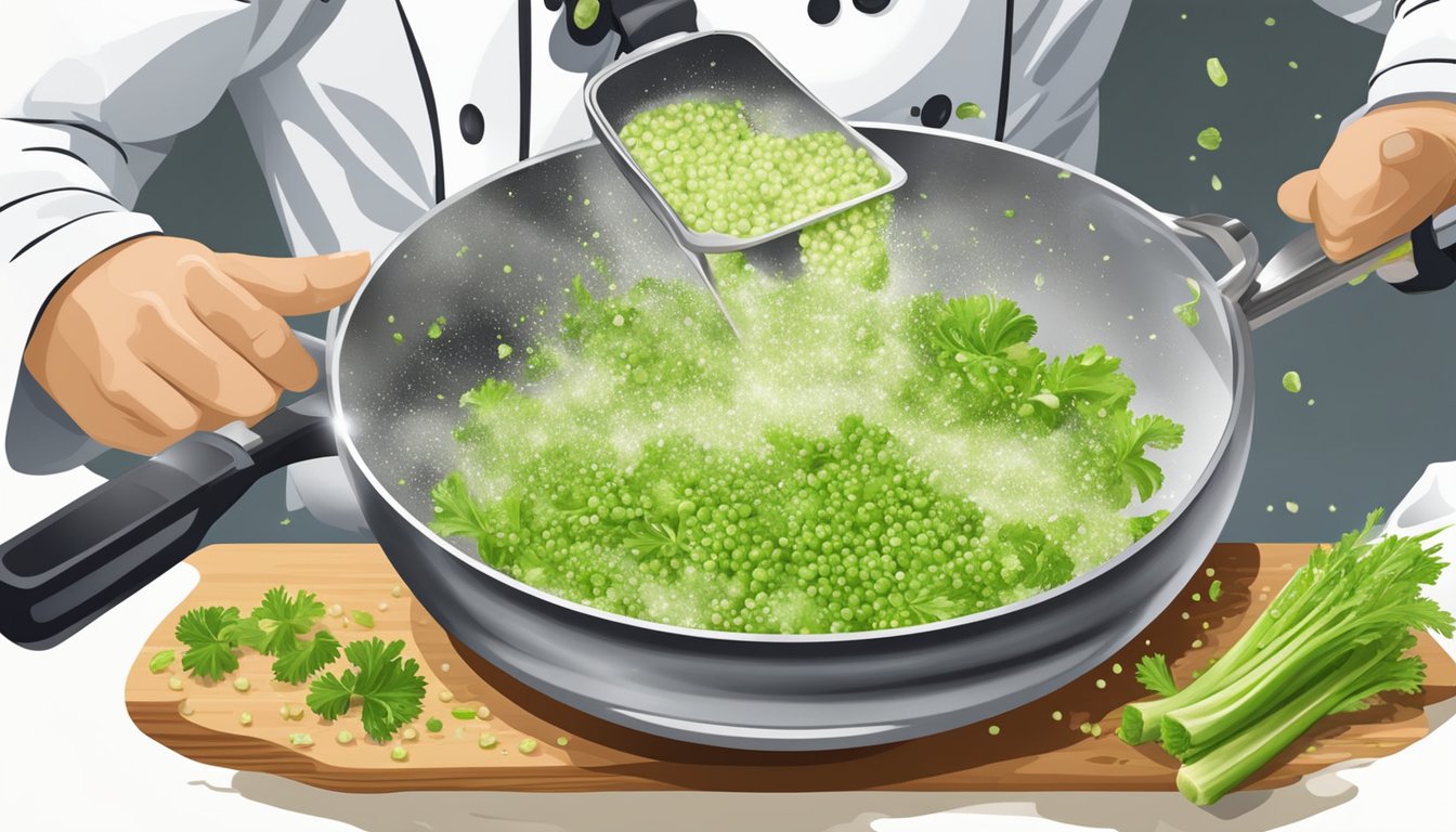 A chef sprinkles celery salt and seeds over a sizzling pan of fresh celery, adding flavor to the dish