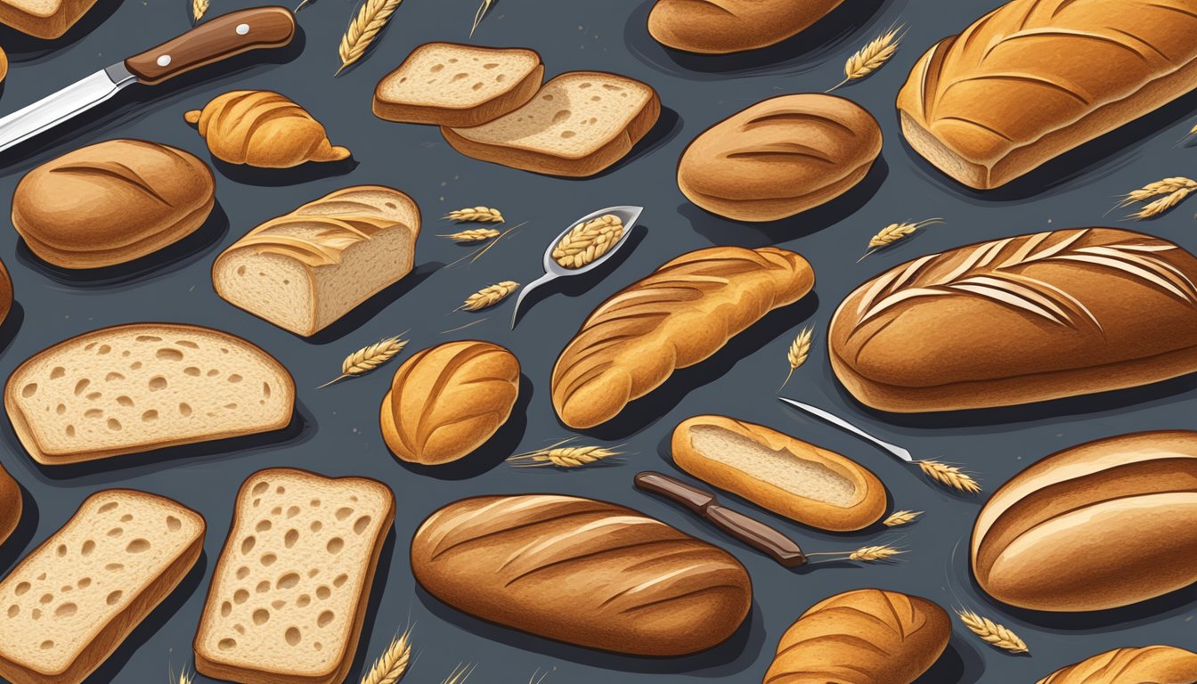 A table set with various bread options: brioche, baguette, and whole wheat loaf, with a knife and cutting board