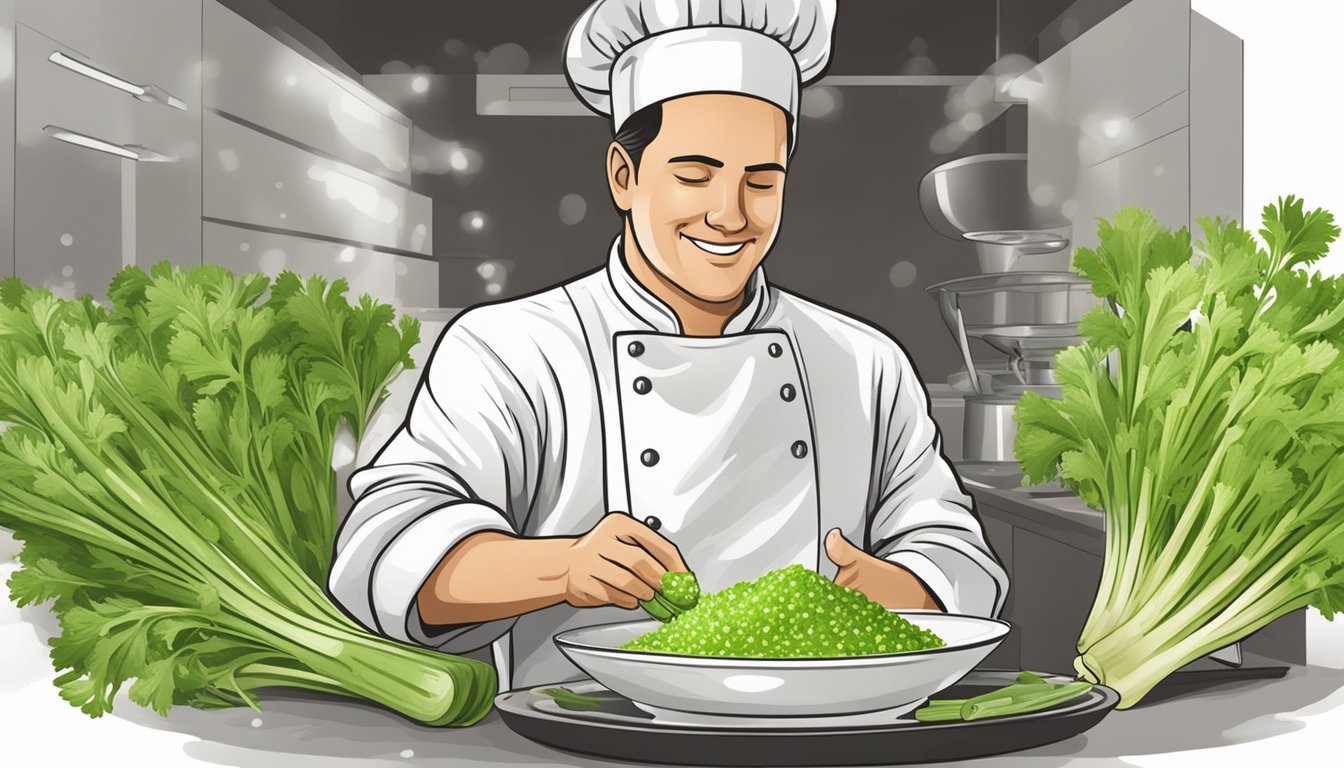 A chef sprinkles celery salt onto a dish, surrounded by fresh celery and celery seeds