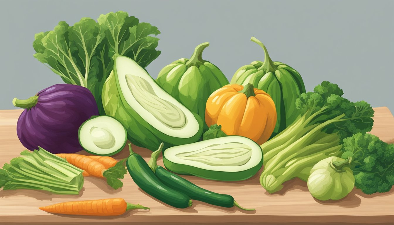 A hand reaching for chayote substitutes among various vegetables on a cutting board