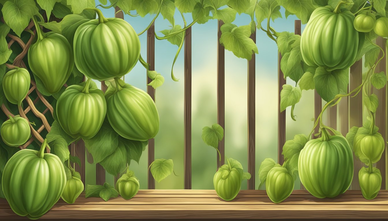 A chayote vine climbing a wooden trellis, with ripe chayote fruits hanging from the vines and surrounded by traditional cooking utensils