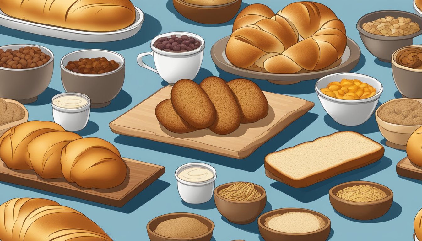 A table set with various traditional bread alternatives, including challah bread substitutes, arranged in an appealing display