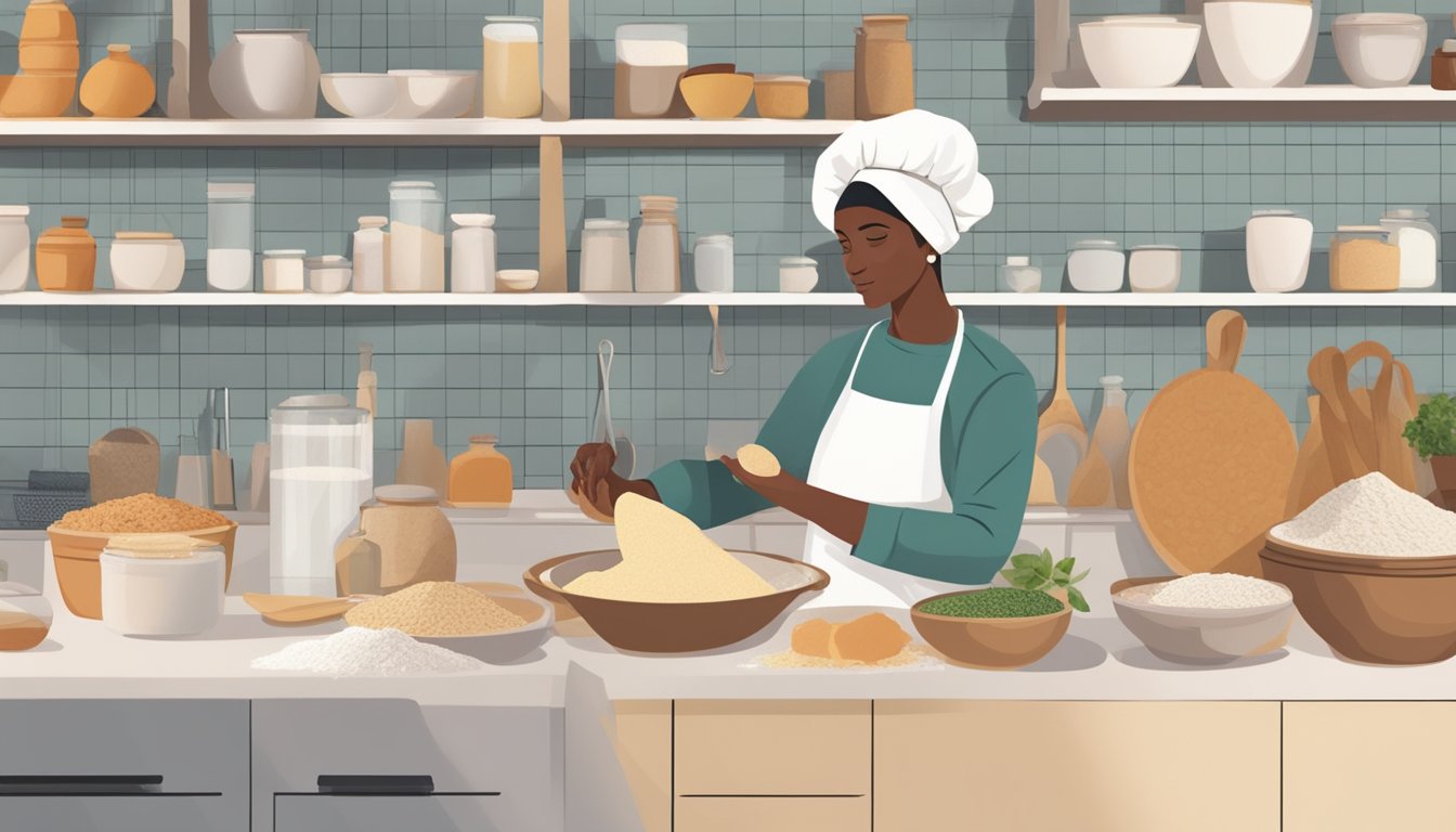 A person in a kitchen, swapping ingredients to make a vegan challah bread. Bowls of flour, yeast, and alternative ingredients on the counter