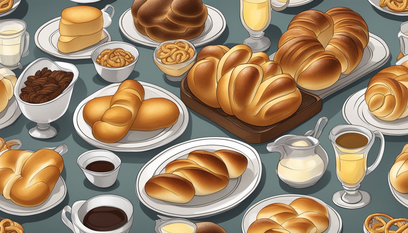 A table set with a variety of challah bread substitutes, such as brioche, baguette, and pretzel bread, arranged in an artful display