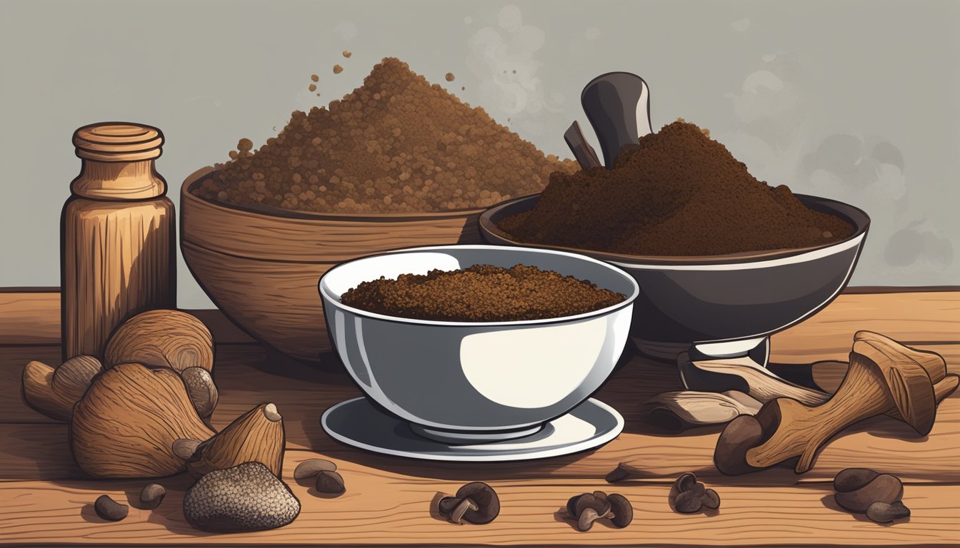 A cup of chaga mushroom powder sits next to a pile of dried mushrooms and a mortar and pestle on a wooden table