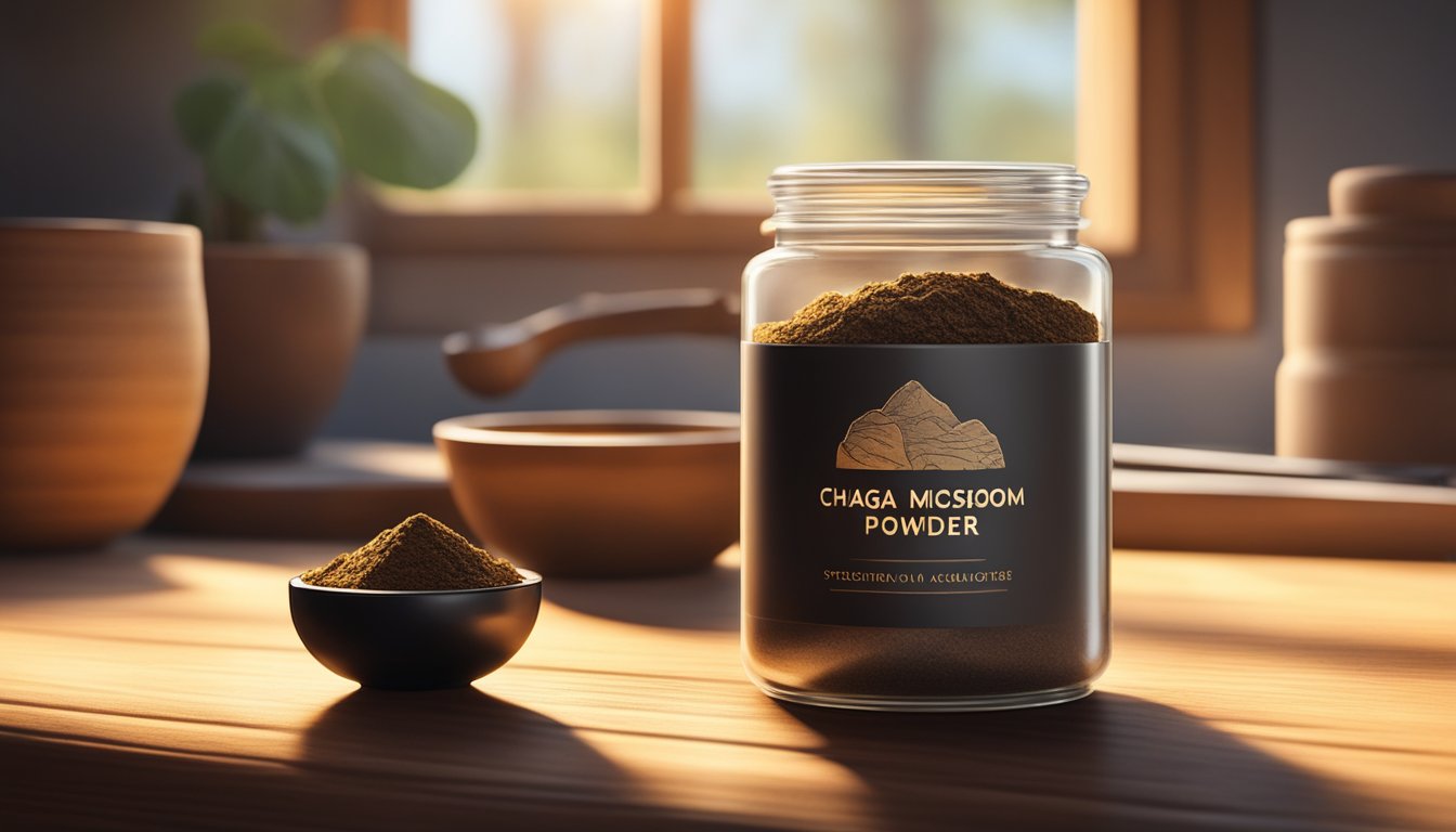 A small jar of chaga mushroom powder sits on a wooden countertop next to a mortar and pestle. Sunlight filters through a window, casting a warm glow on the scene