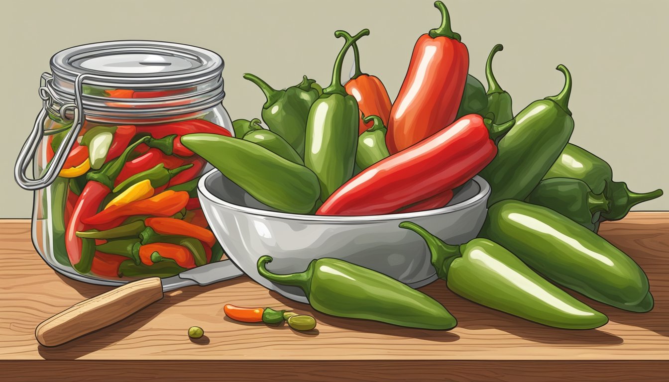 A bowl of red and green hot peppers next to a jar of pickles on a wooden cutting board