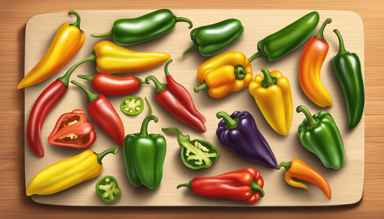 A variety of colorful specialty peppers arranged on a wooden cutting board, including banana peppers, jalapenos, and habaneros