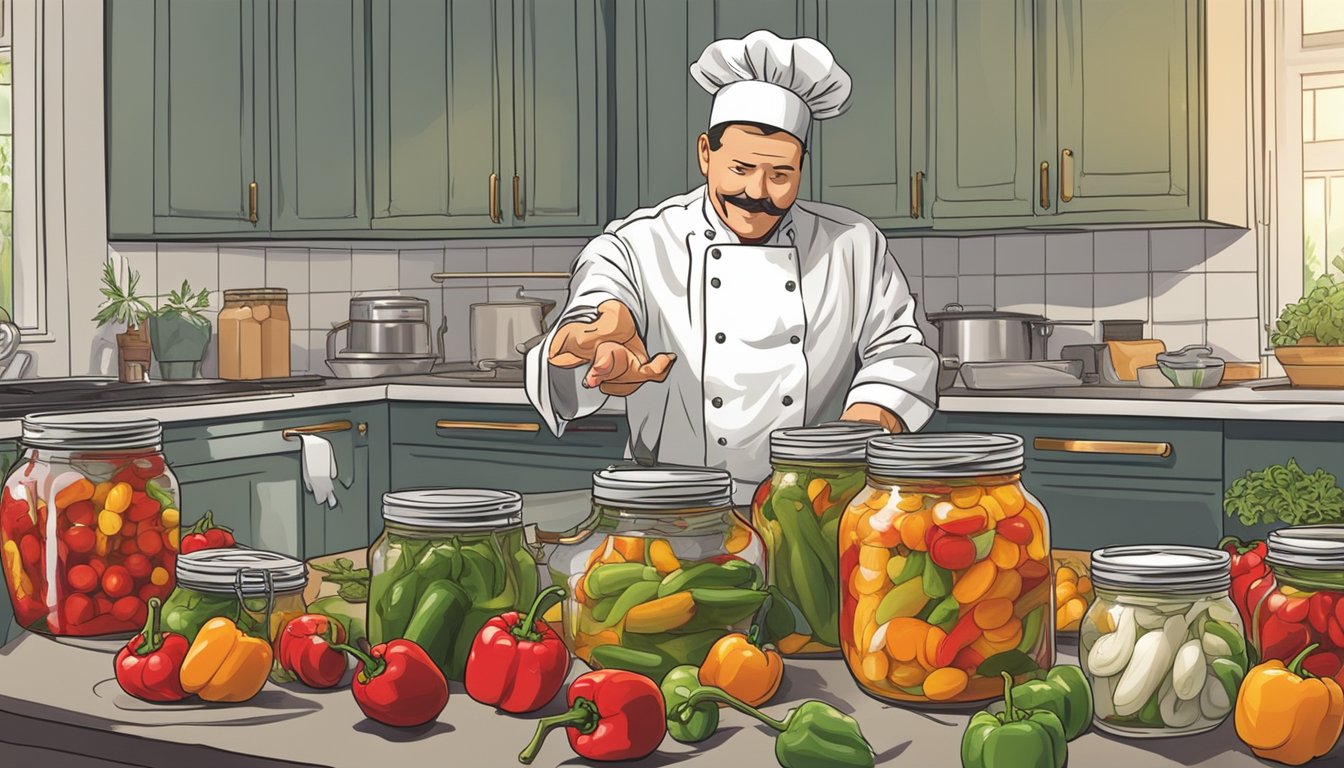 A chef reaching for a jar of pickled cherry peppers on a cluttered kitchen counter