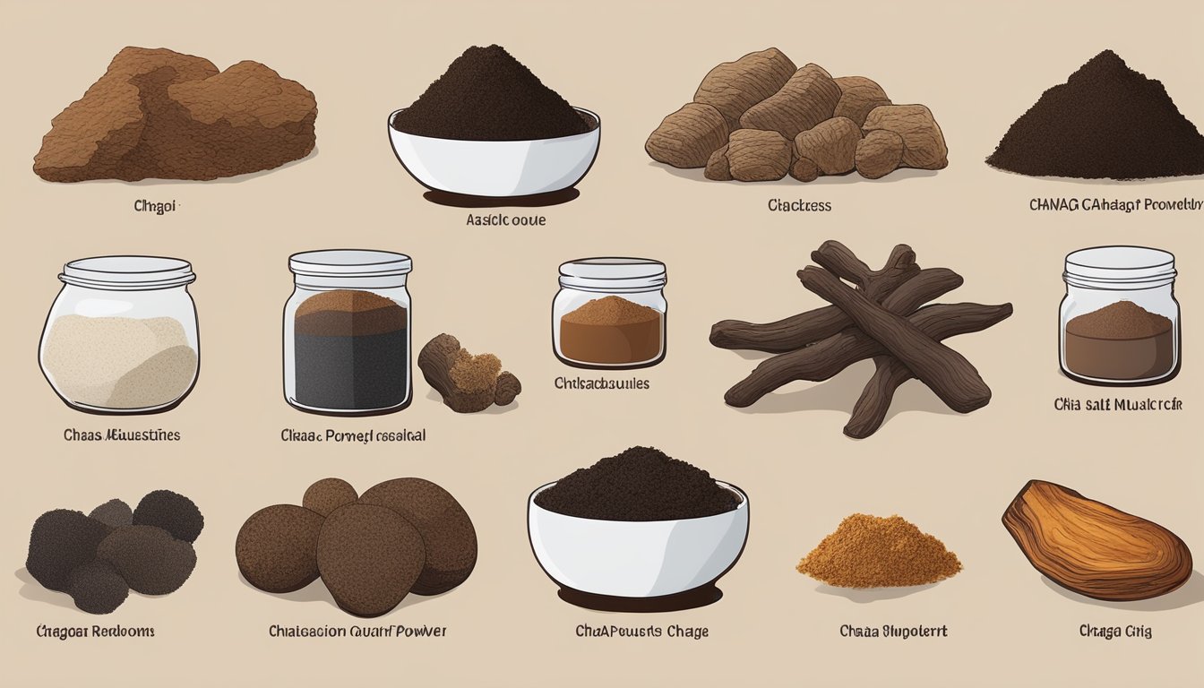 A variety of chaga mushrooms arranged with different forms of chaga powder substitutes displayed alongside their respective uses