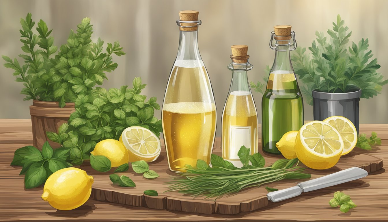 A bottle of champagne vinegar sits on a rustic wooden table surrounded by fresh herbs, lemons, and various other types of vinegar in glass bottles