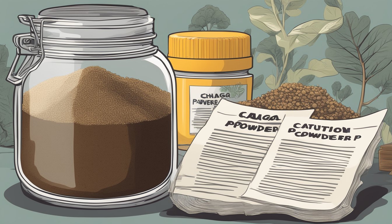 A jar of chaga mushroom powder sits next to various alternative substitutes, with a caution sign and a list of potential side effects displayed prominently