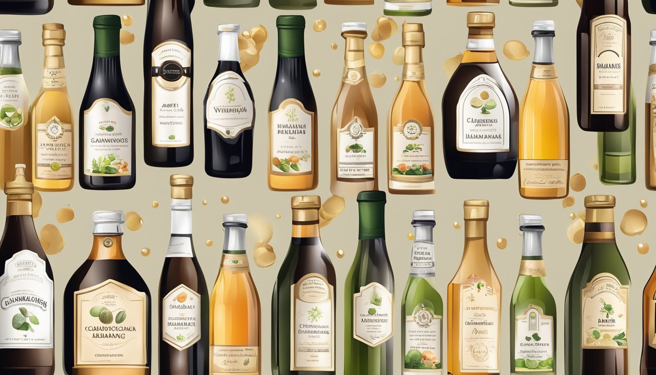 A bottle of champagne vinegar surrounded by various alternative vinegar options like apple cider and balsamic vinegar