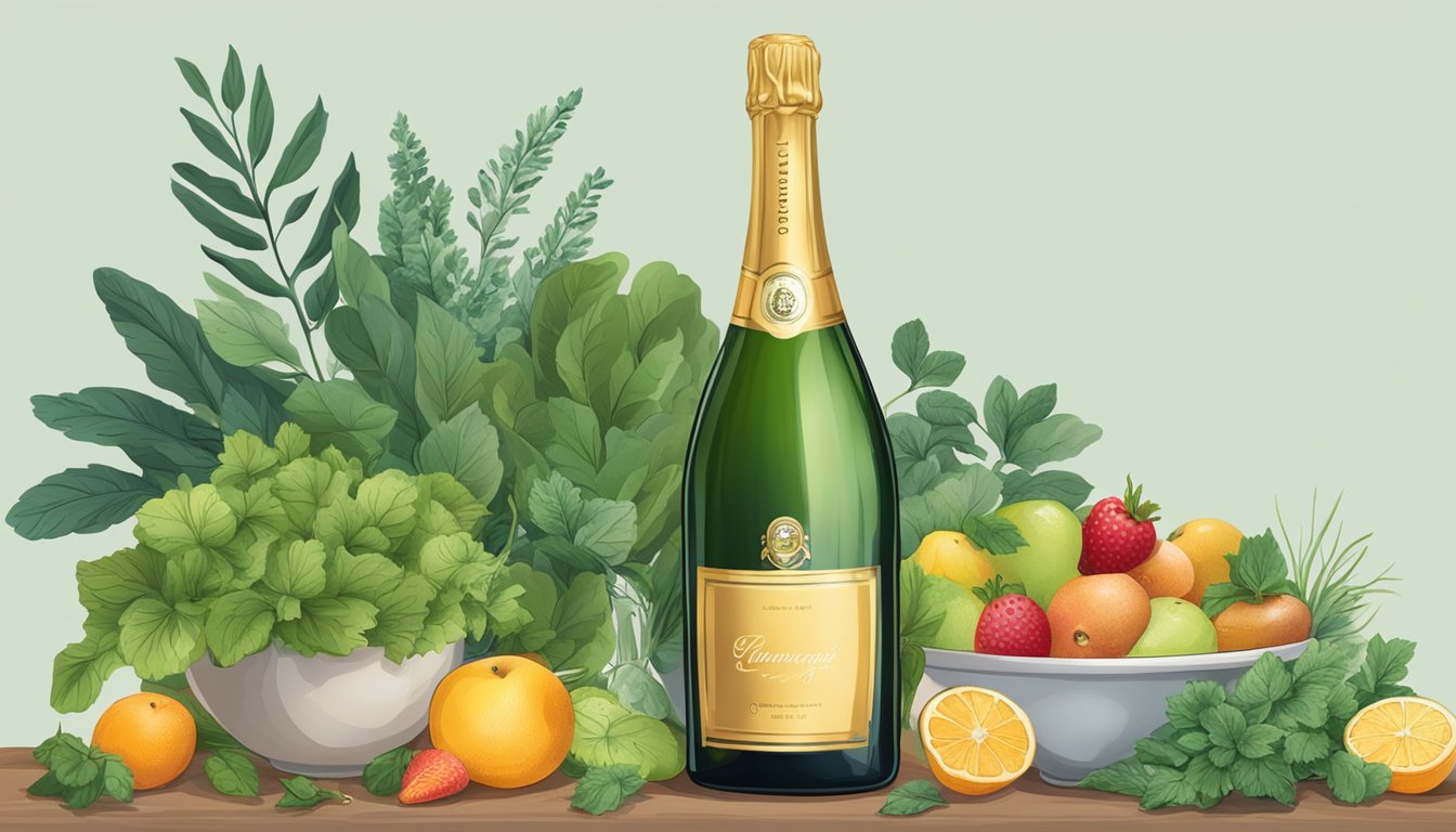 A bottle of champagne with a cork popped, surrounded by various fruits and herbs, with a bowl of mixed greens in the background