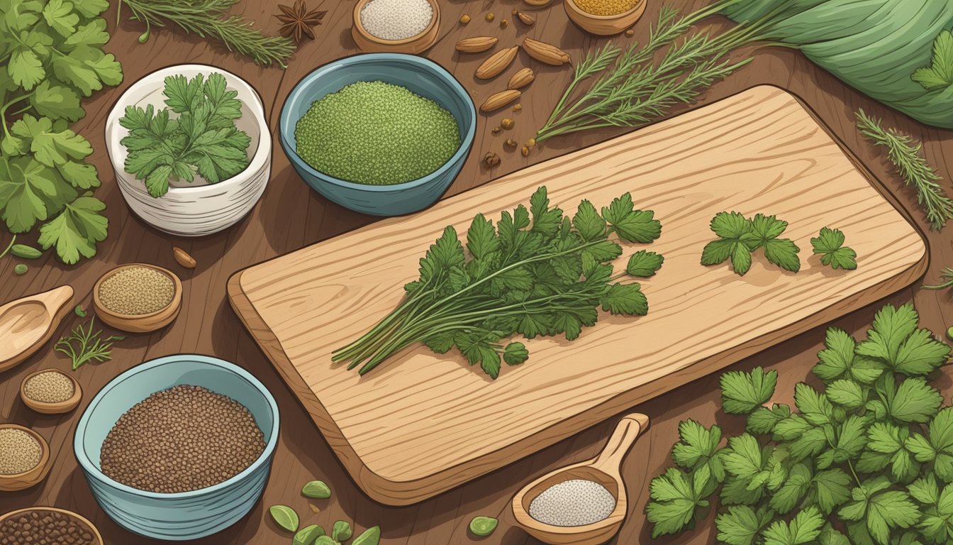 A hand reaching for chervil seeds on a wooden cutting board, surrounded by various herbs and spices