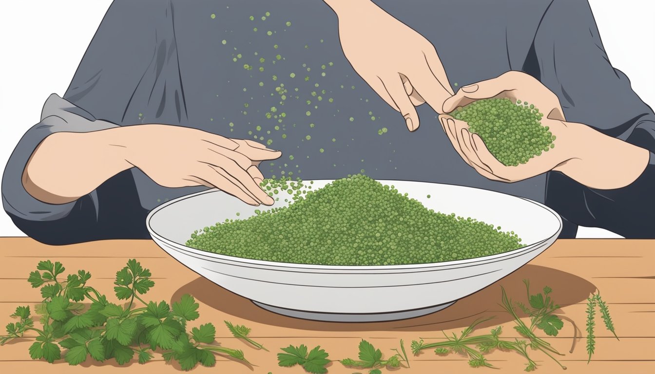 A hand sprinkling chervil seeds onto a dish, with various alternative herbs nearby