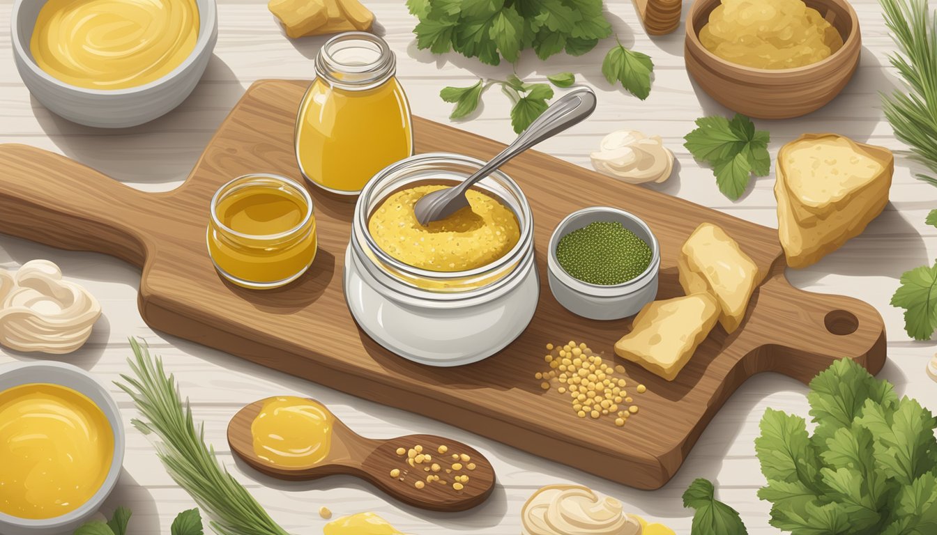 A jar of champagne mustard surrounded by various substitute ingredients like honey, white wine, and Dijon mustard on a wooden cutting board