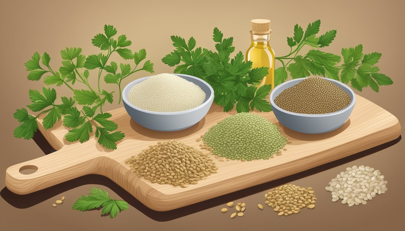 A collection of chervil seeds and various herbal substitutes arranged on a wooden cutting board