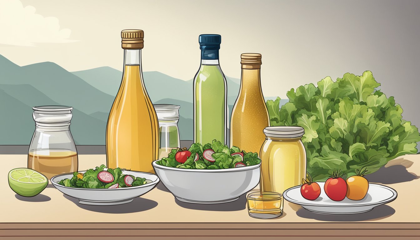 A bottle of champagne vinegar sits next to a salad, with various other vinegar substitutes displayed on a table