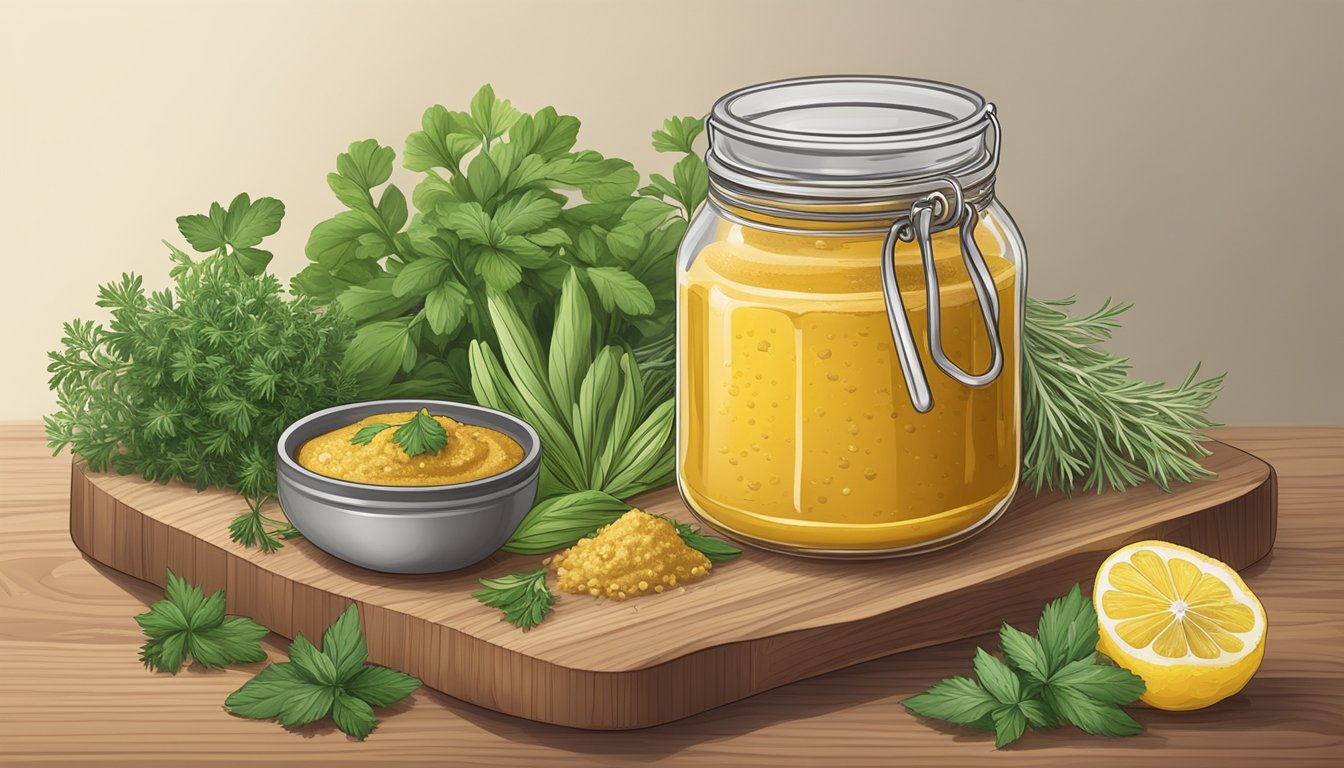 A jar of champagne mustard surrounded by fresh herbs and spices on a wooden cutting board