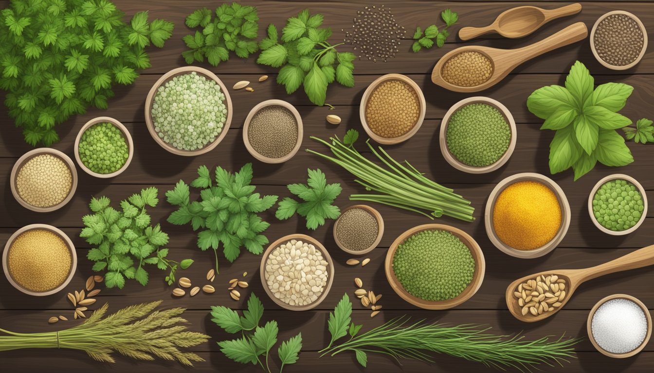 A variety of chervil alternatives, including seeds and substitutes, displayed on a rustic wooden table with fresh herbs and spices