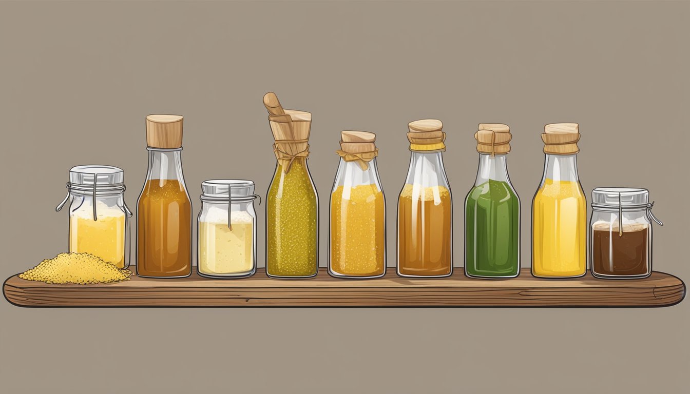 A spread of various condiments, including champagne mustard substitutes, arranged on a rustic wooden board