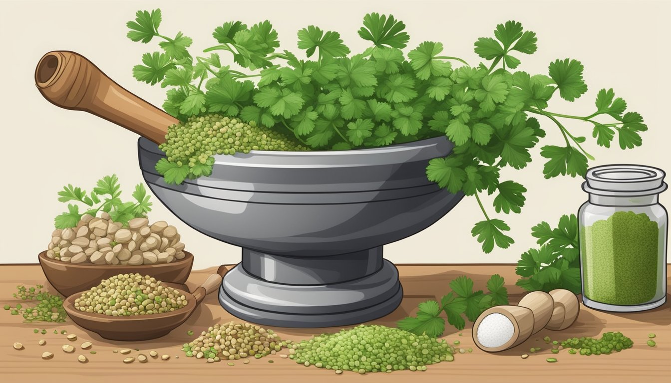 A mortar and pestle crushing chervil seeds, with various substitute ingredients nearby